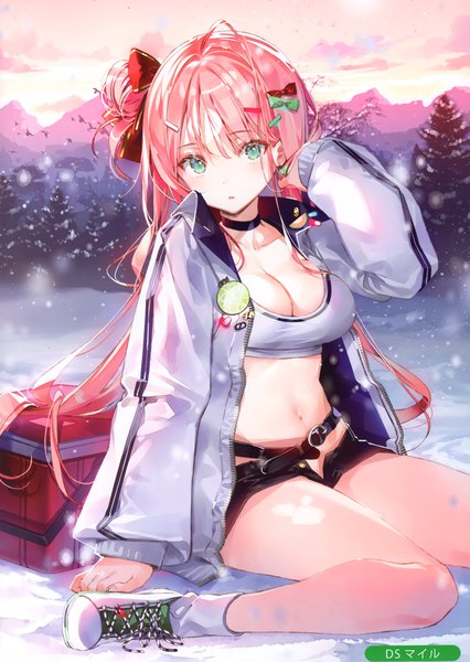 Anime picture 2096x2954 with melonbooks dsmile single long hair tall image looking at viewer blush fringe highres breasts light erotic hair between eyes sitting green eyes signed pink hair sky cleavage cloud (clouds) ahoge