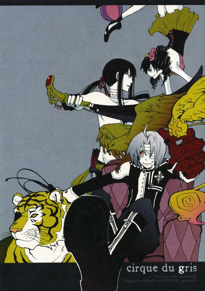 Anime picture 1598x2264 with d.gray-man allen walker kanda yuu lavi lenalee lee timcanpy long hair tall image short hair blue eyes black hair simple background red eyes yellow eyes ponytail hair flower grey hair black eyes inscription grey background