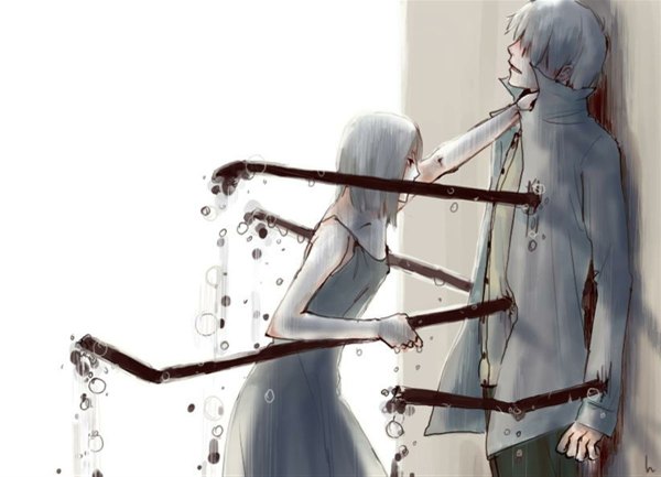 Anime picture 1200x867 with mushishi tagme (character) ginko tagme (artist) fringe short hair white background holding silver hair white hair open clothes open shirt death choking girl dress boy shirt blood pants