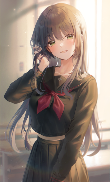 Anime picture 800x1326 with original ochya single long hair tall image looking at viewer blush fringe open mouth smile hair between eyes brown hair standing green eyes indoors long sleeves head tilt :d pleated skirt arm up