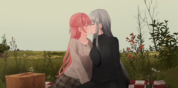 Anime picture 2250x1113 with original chihuri long hair highres wide image multiple girls payot pink hair sky outdoors eyes closed grey hair couple piercing ear piercing shoujo ai kiss girl skirt flower (flowers)