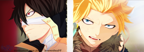 Anime picture 2600x950 with fairy tail sting eucliffe rogue cheney execution97 highres short hair open mouth blue eyes black hair blonde hair smile red eyes wide image sunlight coloring multiview manga boy earrings fur
