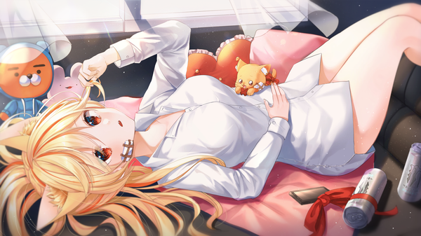 Anime picture 4537x2550 with original monster energy myowa single long hair looking at viewer fringe highres breasts open mouth light erotic blonde hair hair between eyes red eyes wide image animal ears absurdres indoors tail lying