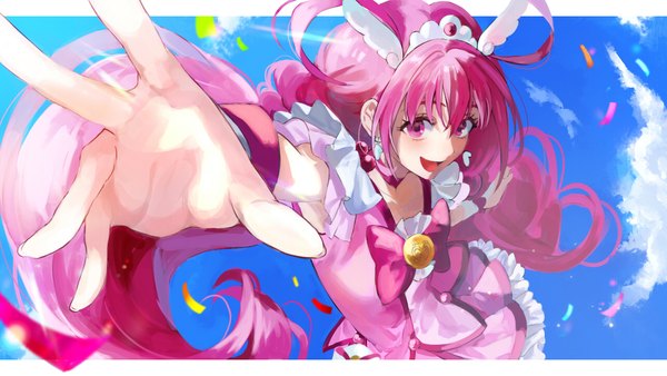 Anime picture 1280x720 with precure smile precure! toei animation hoshizora miyuki cure happy nani (s2 nani) single long hair wide image pink hair sky cloud (clouds) ahoge pink eyes from above letterboxed magical girl girl tiara