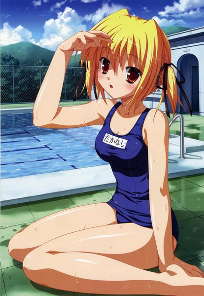 Anime picture 3078x4455 with dengeki hime tall image highres light erotic blonde hair red eyes cloud (clouds) wet girl swimsuit one-piece swimsuit school swimsuit pool