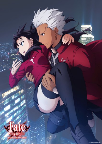 Anime picture 765x1080 with fate (series) fate/stay night toosaka rin archer (fate) long hair tall image fringe short hair open mouth light erotic black hair twintails brown eyes bent knee (knees) white hair long sleeves profile pleated skirt arm up aqua eyes