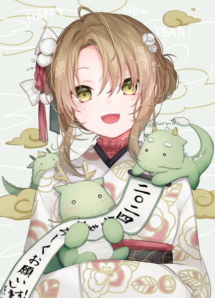 Anime picture 650x900 with original kuroi (liar-player) single tall image looking at viewer short hair open mouth brown hair green eyes upper body traditional clothes :d japanese clothes hair bun (hair buns) text english new year fantasy happy new year 2024
