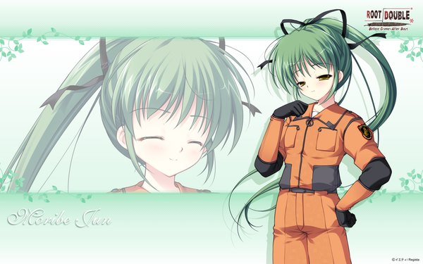 Anime picture 1920x1200 with root double moribe jun long hair highres wide image yellow eyes game cg ponytail green hair girl ribbon (ribbons) hair ribbon suit