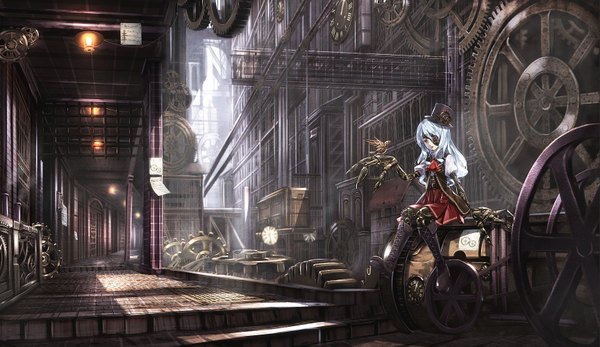 Anime picture 1727x1000 with original ryosios single long hair highres red eyes wide image sitting white hair pale skin lacing mechanical arms steam punk girl animal bird (birds) mask clock cross-laced footwear gears