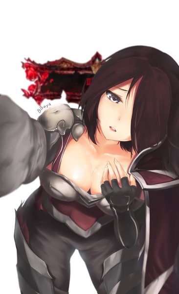 Anime picture 1100x1800 with league of legends fiora (league of legends) bbayu single tall image looking at viewer fringe short hair breasts light erotic black hair simple background large breasts white background purple eyes hair over one eye girl