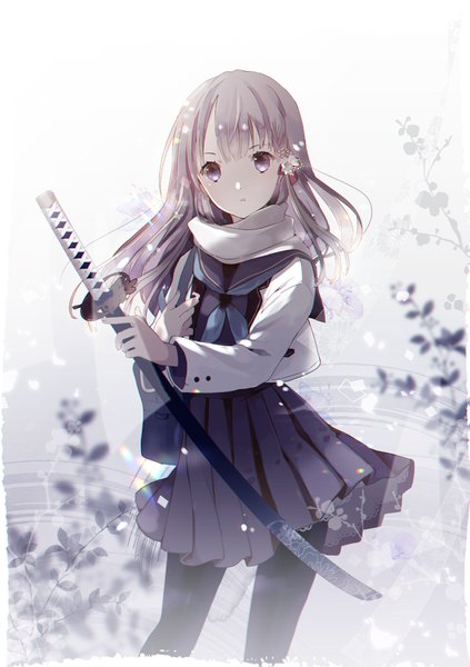 Anime picture 1057x1500 with original tamahagane gakuen touransai yuzuyomogi single long hair tall image looking at viewer blush fringe open mouth standing purple eyes holding outdoors long sleeves head tilt pleated skirt wind grey hair depth of field