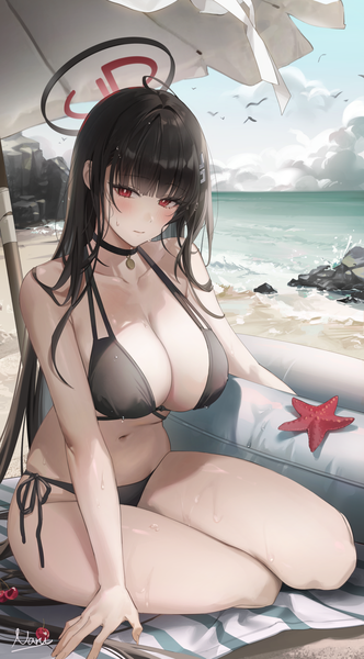 Anime picture 1400x2527 with blue archive rio (blue archive) naru single long hair tall image looking at viewer blush fringe breasts light erotic black hair red eyes large breasts sitting sky cleavage cloud (clouds) outdoors blunt bangs