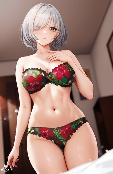Anime picture 2600x4000 with original sashou mihiro infinote single tall image looking at viewer fringe highres short hair breasts light erotic smile large breasts standing signed cleavage silver hair indoors arm up hair over one eye