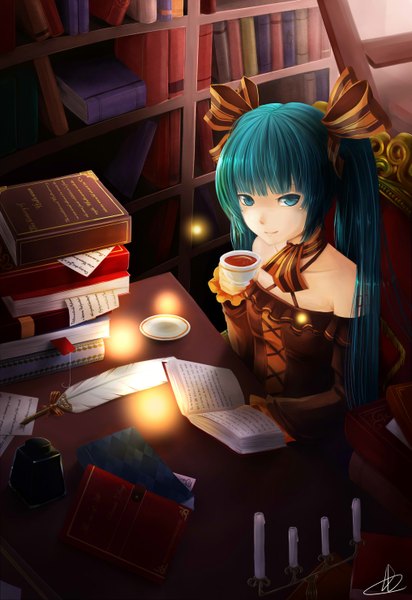 Anime picture 2031x2952 with vocaloid hatsune miku liuli (llc) long hair tall image highres twintails bare shoulders aqua eyes aqua hair girl dress bow hair bow book (books) feather (feathers) cup paper shelf candle (candles)