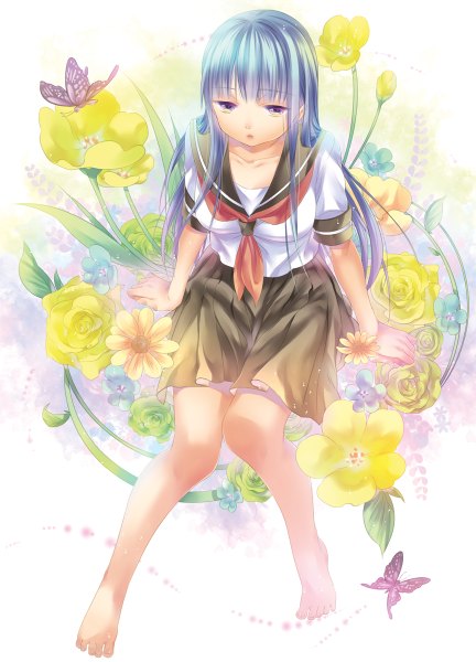 Anime picture 864x1200 with original kirisita single long hair tall image looking at viewer blue eyes blue hair barefoot girl skirt uniform flower (flowers) serafuku insect butterfly