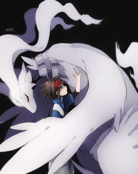 Anime picture 950x1200 with pokemon pokemon black and white nintendo reshiram nate (pokemon) yakusuke single tall image short hair simple background brown hair standing signed profile hug black background looking up gen 5 pokemon boy pokemon (creature)