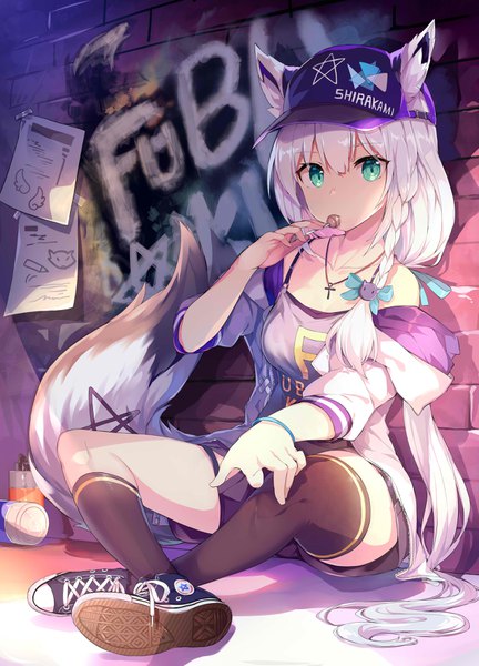 Anime picture 2549x3541 with virtual youtuber hololive converse shirakami fubuki wawako mama single long hair tall image looking at viewer fringe highres breasts hair between eyes sitting holding animal ears silver hair full body tail braid (braids)