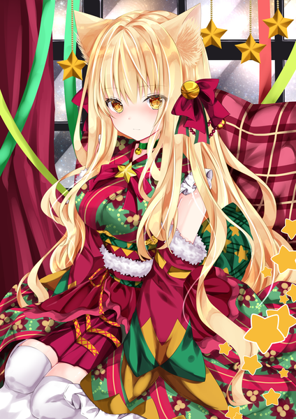 Anime picture 1500x2121 with original nanase kureha nanase nao single long hair tall image blush blonde hair sitting animal ears yellow eyes indoors christmas hair bell girl thighhighs bow hair bow detached sleeves white thighhighs