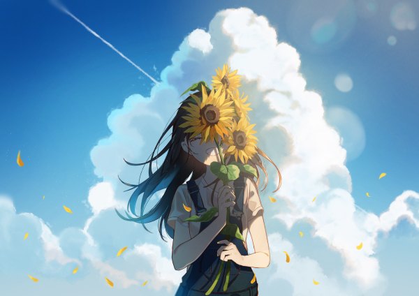 Anime picture 1200x848 with original omutatsu single long hair fringe black hair smile standing holding sky cloud (clouds) outdoors eyes closed short sleeves grin lens flare ^ ^ covering eye (eyes) condensation trail flower over eye