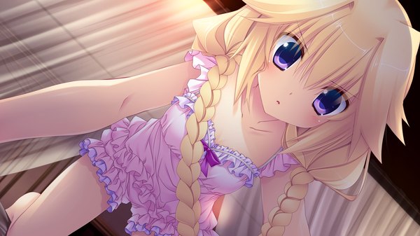 Anime picture 1280x720 with yumeiro alouette! hououin suzume takanae kyourin long hair looking at viewer blush blonde hair wide image purple eyes game cg braid (braids) girl pajamas