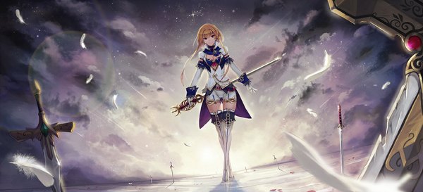Anime picture 1153x525 with original nuclear warhead (anti) long hair blonde hair red eyes wide image standing twintails sunlight night night sky reflection morning sunrise girl uniform weapon petals sword boots