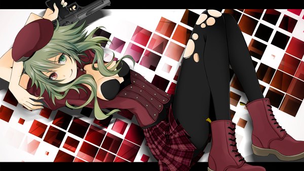 Anime picture 1920x1080 with vocaloid gumi wogura long hair looking at viewer fringe highres breasts light erotic smile wide image lying nail polish green hair heterochromia torn pantyhose girl thighhighs skirt hat