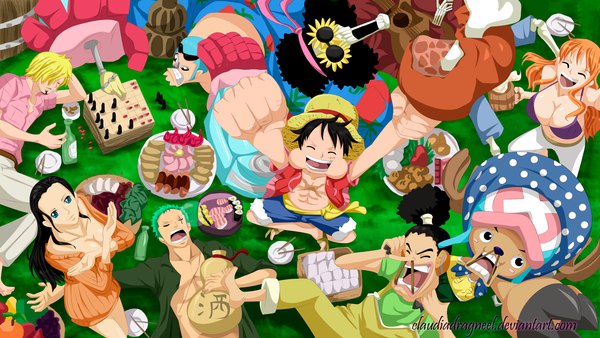Anime picture 2247x1267 with one piece toei animation nami (one piece) monkey d. luffy nico robin roronoa zoro sanji tony tony chopper usopp franky brook (one piece) claudiadragneel long hair looking at viewer fringe highres short hair breasts open mouth blue eyes