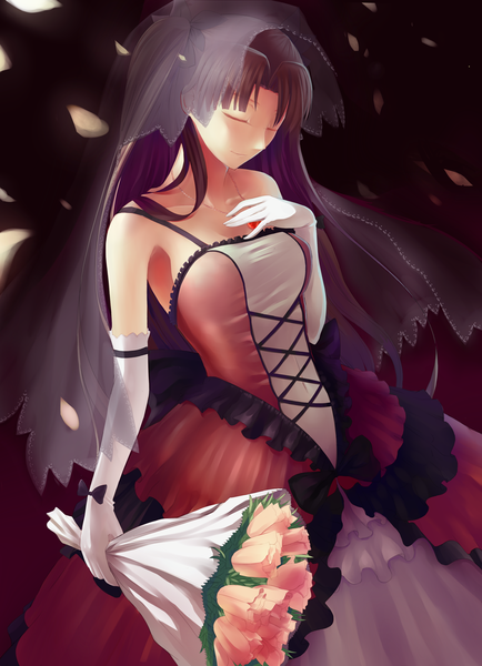 Anime picture 2480x3425 with fate (series) fate/stay night type-moon toosaka rin fakerx single long hair tall image highres black hair eyes closed girl dress gloves flower (flowers) petals elbow gloves white gloves bouquet wedding veil