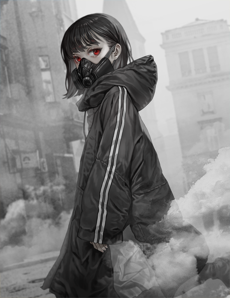 Anime picture 1000x1300 with original ruhee single tall image looking at viewer fringe short hair red eyes standing outdoors blunt bangs long sleeves sleeves past wrists monochrome smoke fog spot color girl hood building (buildings)