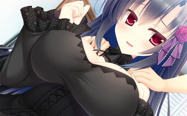 Anime picture 1280x800 with chuunibyou na kanojo no love equation kuromine mion kaniyashiku long hair looking at viewer blush fringe breasts light erotic black hair red eyes large breasts sitting bare shoulders parted lips arm up from below dutch angle solo focus hand on another's shoulder