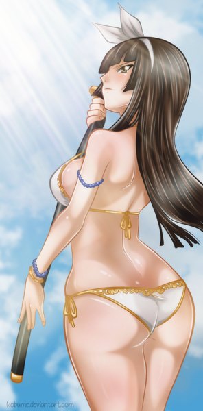 Anime picture 1185x2400 with fairy tail mikazuchi kagura nobume single long hair tall image light erotic brown hair brown eyes sky cloud (clouds) looking back sunlight coloring girl weapon swimsuit bikini sword bracelet