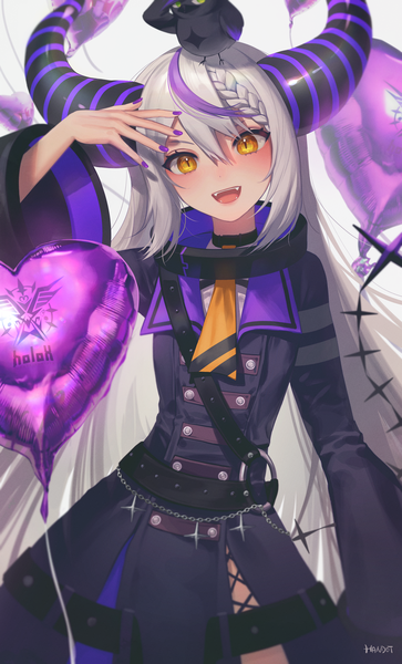 Anime picture 2167x3584 with virtual youtuber hololive la+ darknesss la+ darknesss (1st costume) crow (la+ darknesss) handot (d yot ) single long hair tall image looking at viewer fringe highres open mouth hair between eyes signed yellow eyes tail nail polish head tilt :d
