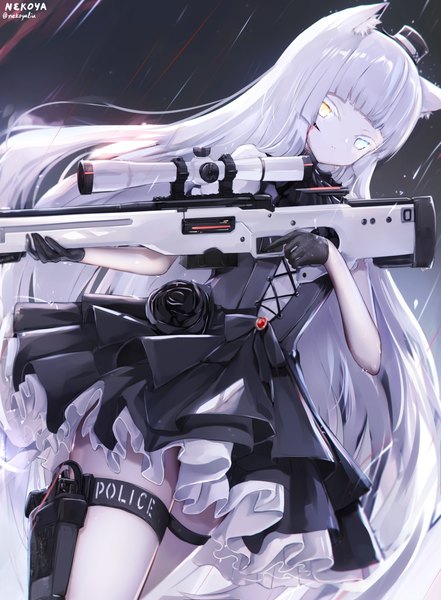 Anime picture 3000x4084 with girls frontline awp (girls frontline) (nekoya (liu)) nekoya (liu) single long hair tall image looking at viewer fringe highres blue eyes standing holding signed animal ears yellow eyes white hair tail blunt bangs animal tail cat ears