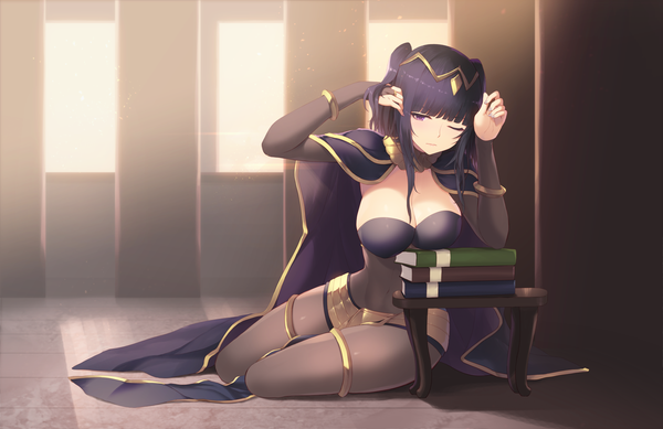 Anime picture 7087x4606 with fire emblem fire emblem awakening nintendo sarja cait single long hair looking at viewer blush fringe highres breasts light erotic large breasts sitting purple eyes absurdres cleavage purple hair blunt bangs