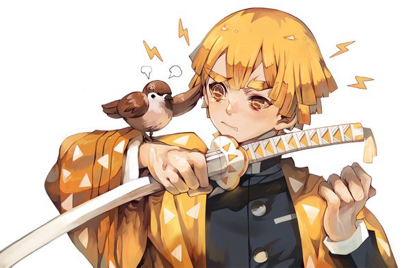 Anime picture 1300x851 with kimetsu no yaiba ufotable agatsuma zenitsu kvover (applebloom) single short hair simple background blonde hair white background yellow eyes looking away upper body traditional clothes japanese clothes eyebrows sheathed bird on hand anger vein boy weapon