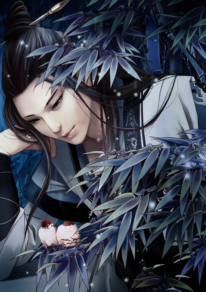 Anime picture 2480x3508 with jianxia qingyuan 3 zhang xiao bai single tall image highres blue eyes black hair japanese clothes realistic official art boy hair ornament plant (plants) animal tree (trees) bird (birds) leaf (leaves)