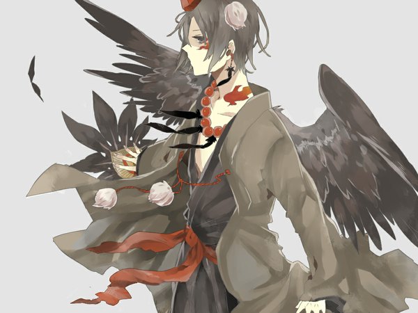 Anime picture 1024x768 with original anbivarens (artist) single short hair white background japanese clothes grey hair grey eyes tattoo boy earrings wings belt kimono feather (feathers) cloak fan