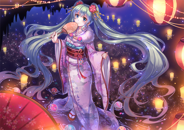 Anime picture 1000x706 with vocaloid hatsune miku miazi single looking at viewer blush fringe blue eyes smile standing twintails very long hair traditional clothes japanese clothes hair flower green hair night wide sleeves night sky light