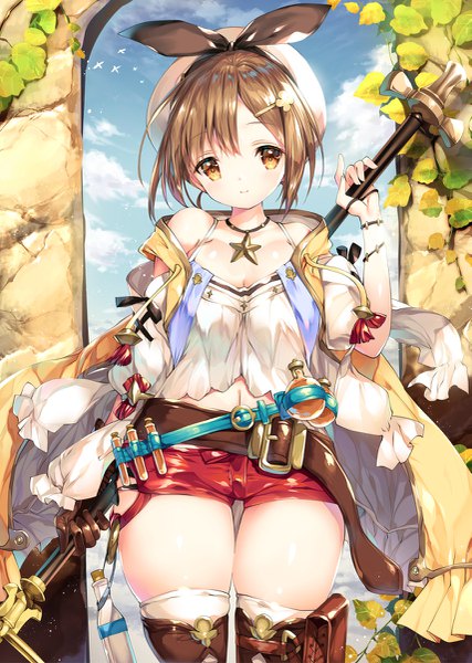 Anime picture 855x1200 with atelier (series) atelier ryza gust (company) reisalin stout shimesaba kohada single tall image looking at viewer short hair light erotic brown hair brown eyes sky cloud (clouds) outdoors zettai ryouiki girl thighhighs plant (plants) white thighhighs