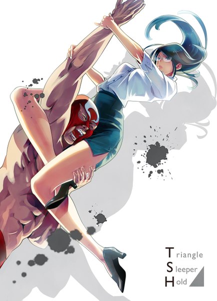Anime picture 1000x1381 with original yamaguchikae (artist) long hair tall image looking at viewer open mouth blue eyes blue hair eyes closed shadow legs muscle battle girl boy skirt shirt glasses mask