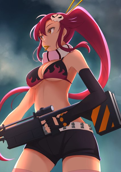 Anime picture 1105x1560 with tengen toppa gurren lagann gainax yoko littner keikei (kitty colors) single long hair tall image fringe breasts light erotic hair between eyes standing holding payot looking away sky cloud (clouds) ponytail red hair from below