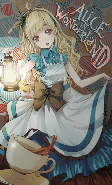 Anime picture 1700x2800 with alice in wonderland alice (wonderland) mst1ng single long hair tall image blush blonde hair red eyes looking away girl dress cup teacup saucer