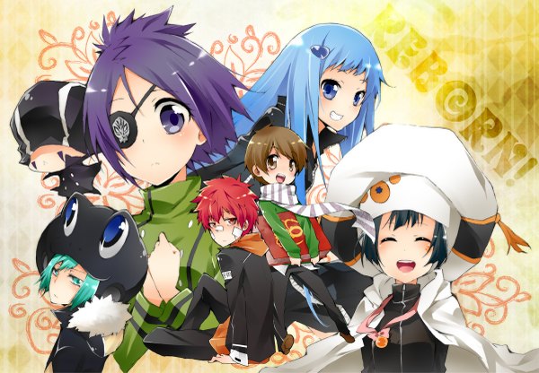 Anime picture 1200x833 with katekyou hitman reborn chrome dokuro fran (khr) uni (khr) bluebell enma kozato mammon (khr) fuuta danemaru long hair looking at viewer blush short hair open mouth blue eyes black hair red eyes brown hair sitting purple eyes