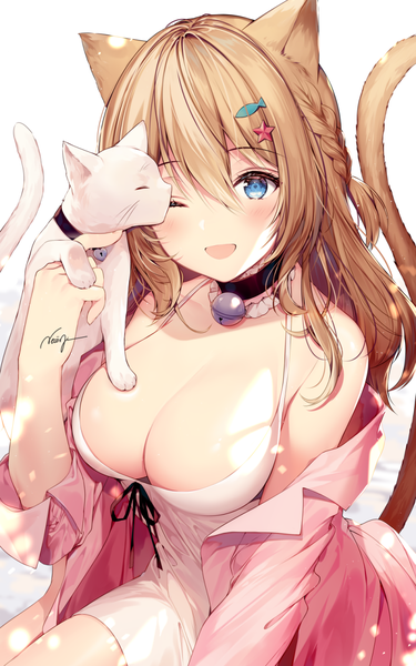 Anime-Bild 800x1280 mit original necomi (gussan) single long hair tall image looking at viewer fringe breasts open mouth blue eyes light erotic simple background smile hair between eyes brown hair large breasts bare shoulders signed animal ears cleavage