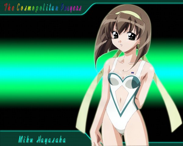 Anime picture 1280x1024 with short hair simple background brown hair black eyes girl swimsuit lace lovelove