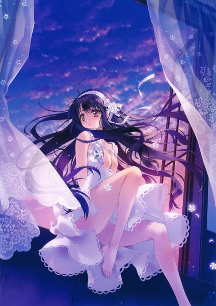 Anime picture 4153x5880 with kao no nai tsuki kuraki mizuna carnelian single long hair tall image highres light erotic black hair sitting brown eyes yellow eyes absurdres sky cloud (clouds) barefoot wind night legs girl