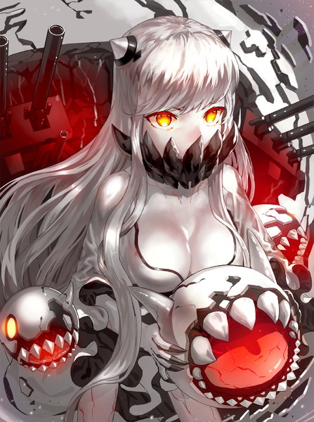 Anime picture 842x1129 with kantai collection midway hime kfr single long hair tall image fringe breasts light erotic large breasts holding yellow eyes looking away cleavage silver hair covered mouth shinkaisei-kan girl
