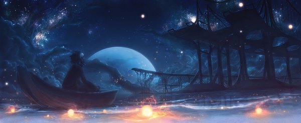 Anime picture 1800x739 with kamikaye (artist) single highres wide image sky cloud (clouds) night water moon star (stars) fire watercraft boat fireball