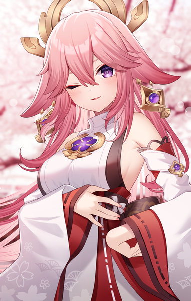 Anime picture 2396x3775 with genshin impact yae miko sapphire (sapphire25252) single long hair tall image looking at viewer fringe highres hair between eyes purple eyes animal ears pink hair traditional clothes japanese clothes one eye closed blurry fox ears nontraditional miko girl