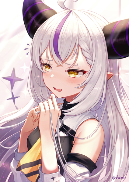 Anime picture 2480x3508 with virtual youtuber hololive la+ darknesss la+ darknesss (1st costume) dvdarts single long hair tall image fringe highres signed yellow eyes looking away silver hair upper body ahoge multicolored hair horn (horns) pointy ears streaked hair